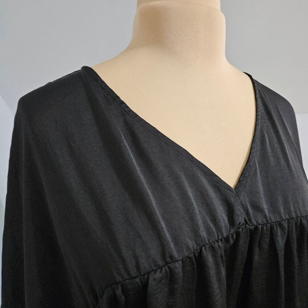 Glam Women Black Satin V-Neck Babydoll Blouse High-Low Cuffed Sleeve Top L - Picture 6 of 13